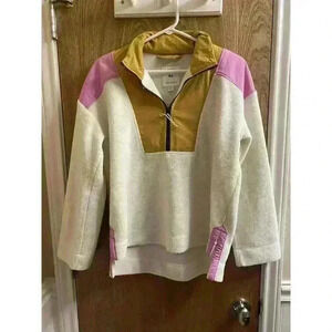 Free Assembly Women's Half Zip Mixy Popover Colorblock Fleece Sweatshirt M Cream